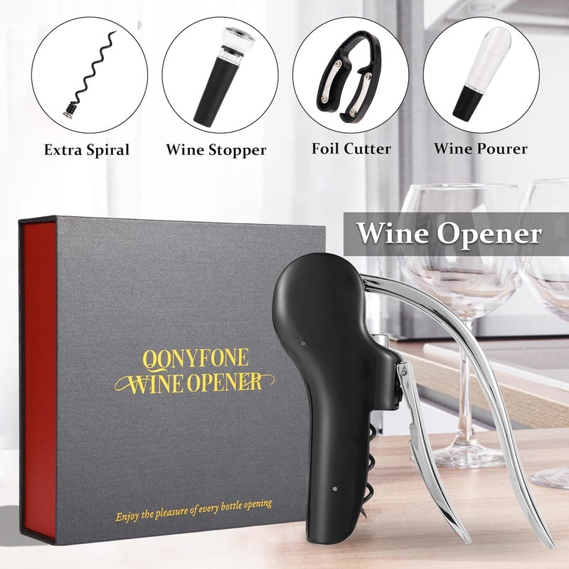 QONYFONE فتاحة زجاجات النبيذ، مجموعة فتاحة عمودية 5 قطع، تصميم عمودي يدوي، تشمل قاطع ورق النبيذ، لولب إضافي، صب النبيذ وسدادة النبيذ، علبة هدايا أنيقة، سوداء - Image 2